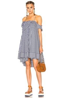 MSGM Blue Striped Cotton Cold Shoulder Lined Square Neckline Dress Size 38